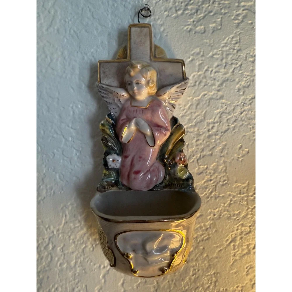 Vintage Porcelain Angel and Cross Holy Water Font - Hand Painted- Gold Trim - Picture 2 of 11